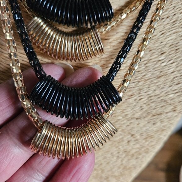 Black and Gold Metal Coils on Goldtone  Black Chains Necklace - Picture 2 of 5